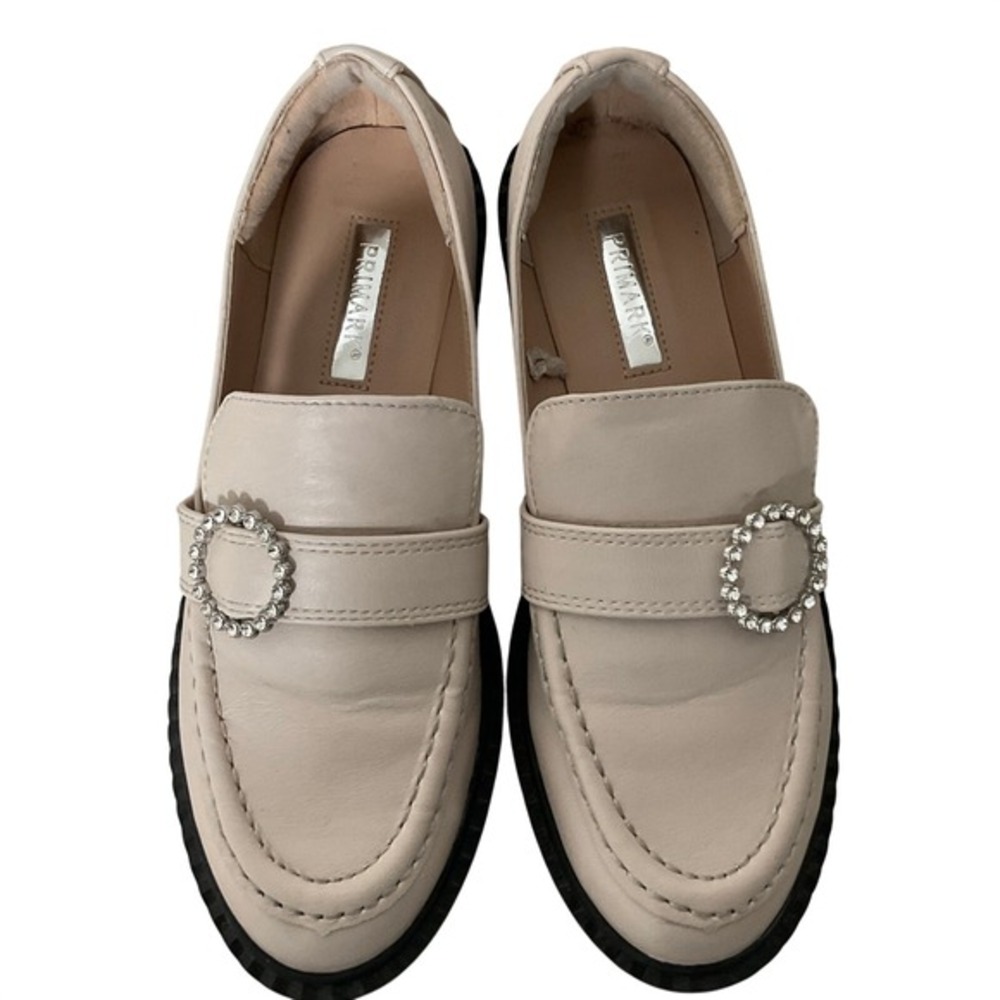Primark Womens Rhinestone Buckle Chunky Platform Loafers Cream Size 6 EU‎ 37